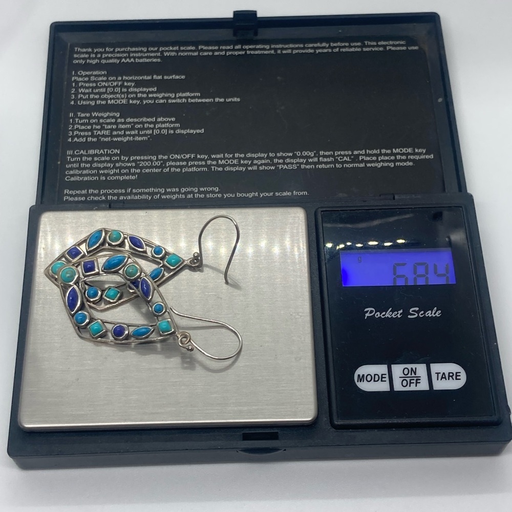 Vtg 925 Sterling Silver & Multi Colour Blue Turqouise Dangle Earrings | 2.2” - Picture 13 of 13